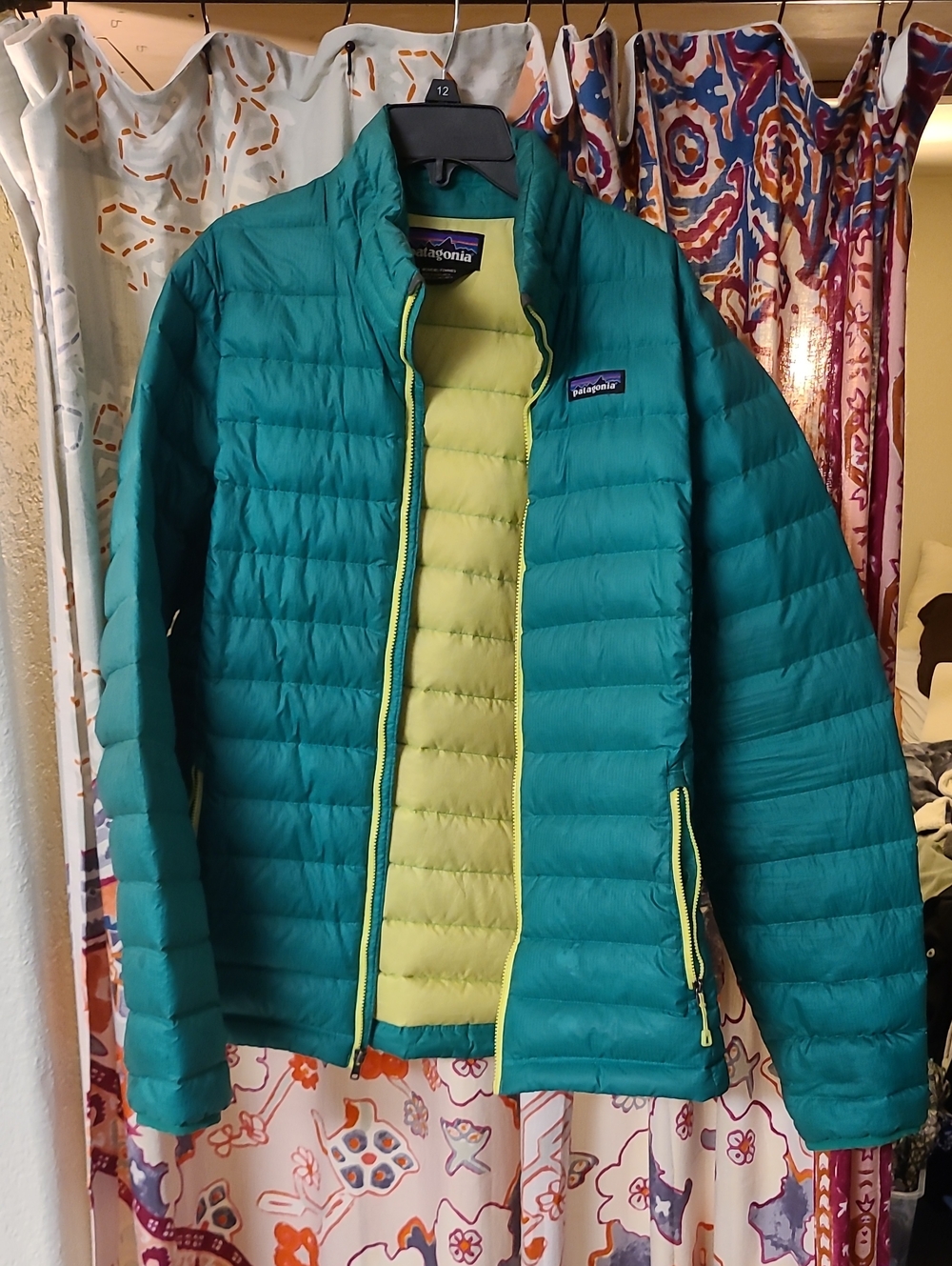 Patagonia Teal Puffer Jacket with Lime Green Lining